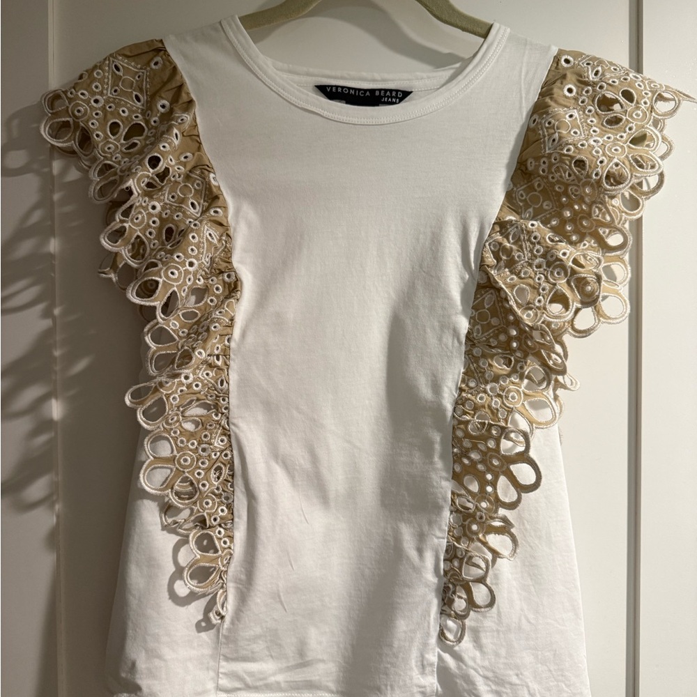 Veronica Beard Cream and Tan Eyelet Sleeve Tee